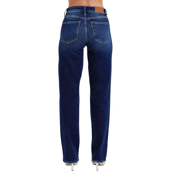 Women's Mid Rise Straight Jean with Frayed Hem Dark Blue Plus Size - Picture 4 of 7